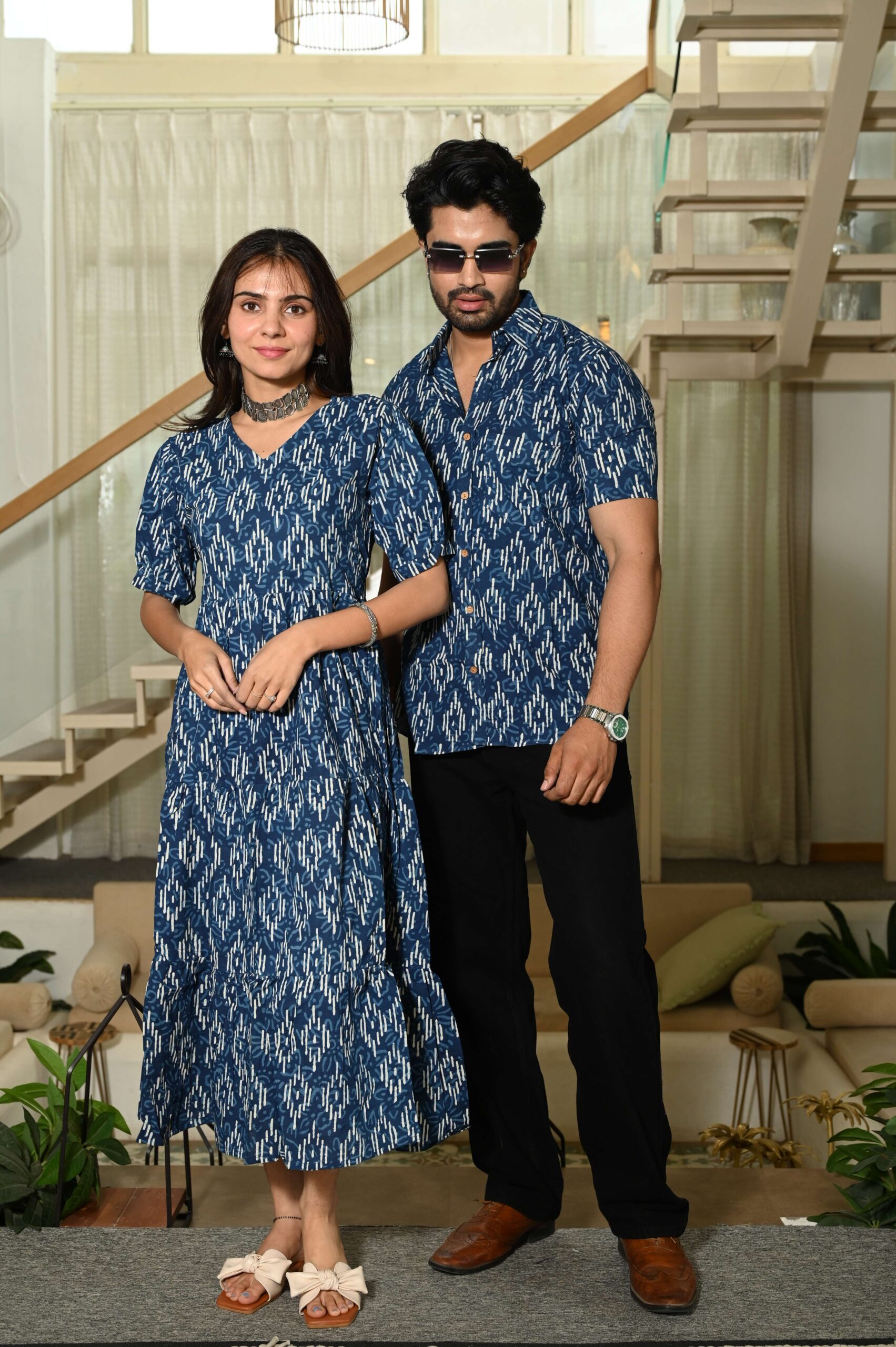 Couple Matching Blue Ikat Print Cotton Anarkali Midi Dress and Shirt Set - Image 3